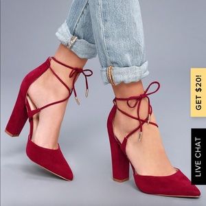 Lulus Luna wine suede lace up heels
